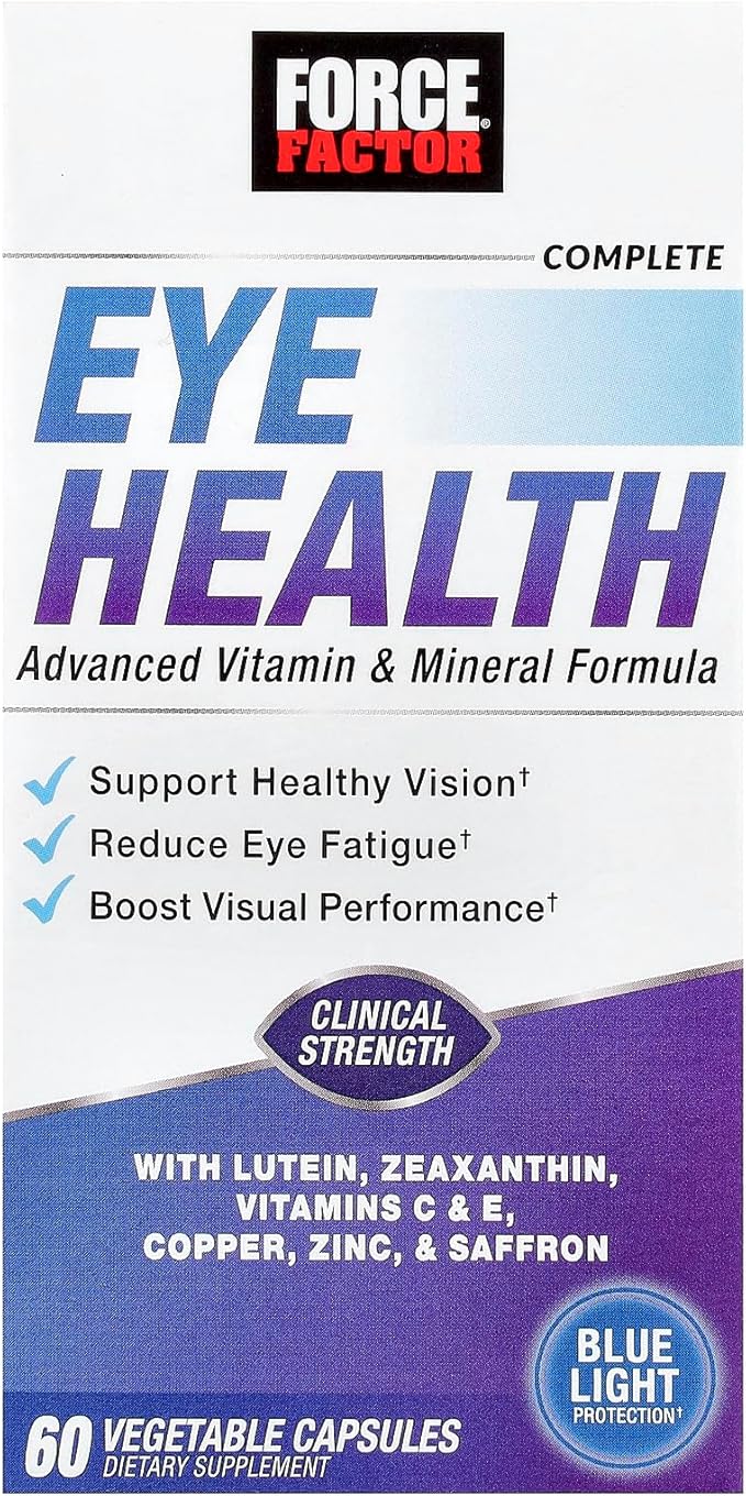 Force Factor Complete Eye Health, Clinical Strength Eye Vitamins with Lutein & Zeaxanthin to Support Vision, Eye Function, and Blue-Light Protection, Eye Health Supplements for Adults, 60 Capsules