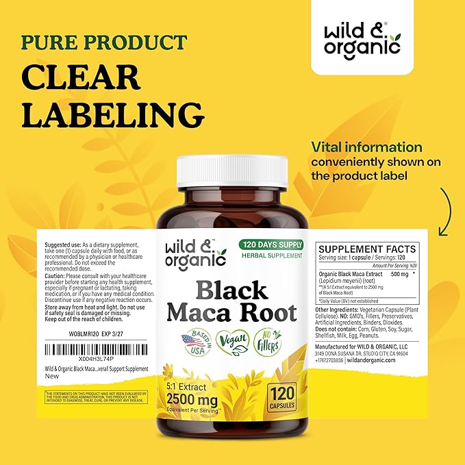 Wild & Organic Black Maca Root Capsules for Women & Men 500 mg - Overall Support - 120 Vegan Capsules with Maca Powder - Men & Women Supplement - 120 Days Supply, Non-GMO, No Fillers, Gluten-Free