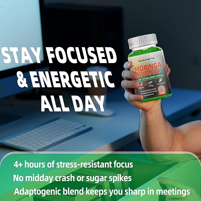 Moringa Gummies for Men with Gingseng L-Citrulline Ashwagandha CZQ10 Zinc | Chewable Organic Pure Moringa Leaf Supplement | Energy & lmmune Support | Sugar Free | Vegan | Lemon Flavor | 60 Counts