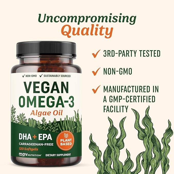 Vegan Omega 3 6 9 Algae Oil | Plant Based DHA EPA | Sustainably Sourced, No Carrageenan | Heart, Brain & Eye Health Support | Fish Oil Alternative | Omega 3 Fatty Acid Supplements | 120 Softgels