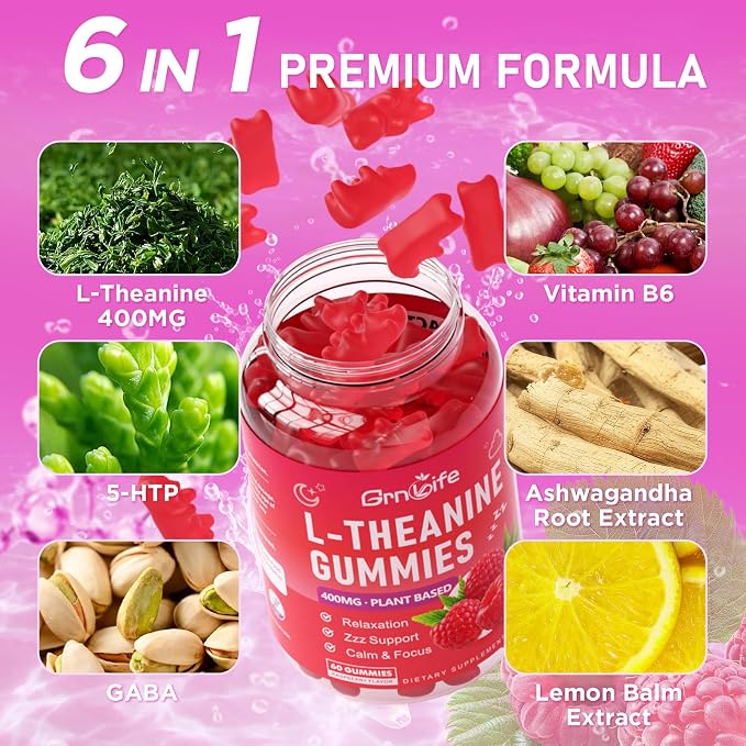 L-Theanine Gummies for Kids & Adults, L'Theanine 400mg with Ashwagandha, GABA, 5HTP, L Theanine Supplement for Calm, Zzz & Relaxation Support, Raspberry Flavor, 60 Counts