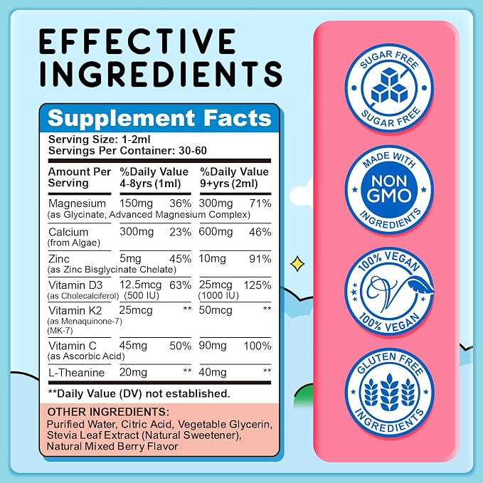 Magnesium Glycinate Liquid for Kids, Kids Magnesium Liquid Drops Supplement with L-Theanine, Calcium, Zinc, Vitamin D3 K2 for Sleep Calm Relaxation Brain Bones Focus, Mixed Berry Flavor 2 Fl Oz