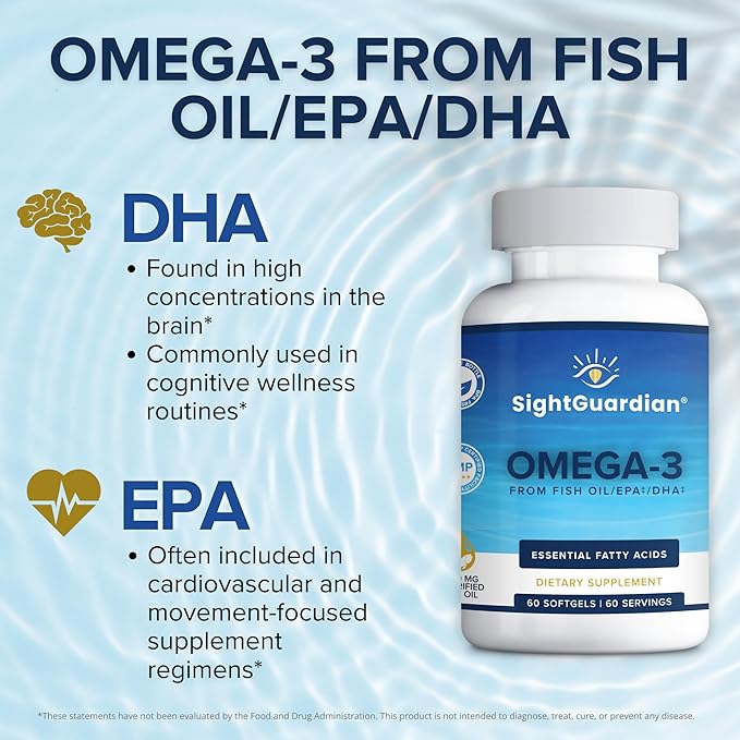 Sight Guardian Omega-3 with EPA, DHA, 100mg Fish Oil per Serving, Dietary Vitamin Supplement to Support Cardiovascular, Daily Health, Heart, Skin, Joints, and Brain