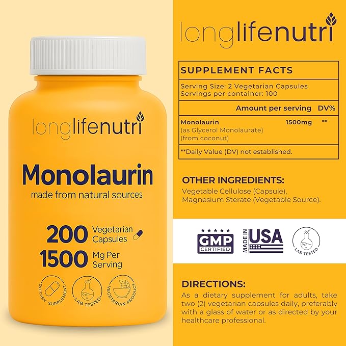 LongLifeNutri Grapefruit Seed Extract 500 mg + Monolaurin 1500 mg Bundle - 180 + 200 Vegetarian Capsules, Daily Energy & Balance, Gut Health & Natural Defense, GMP Certified, Made in USA