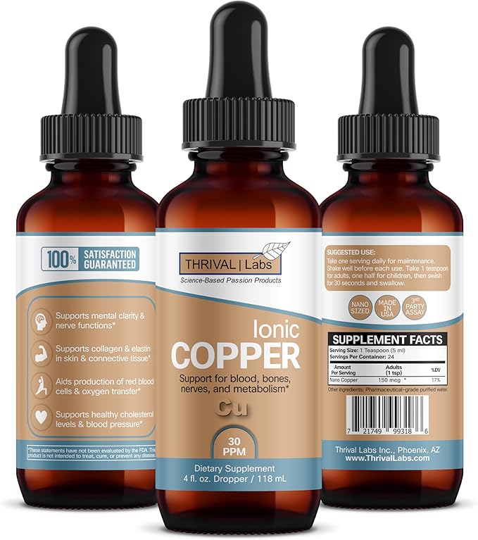 Ionic Copper Drops 30 PPM – Premium Bioavailable Liquid Copper Supplement for General Wellness & Trace Mineral Support – Amber Glass Bottle with Dropper – 4 fl oz