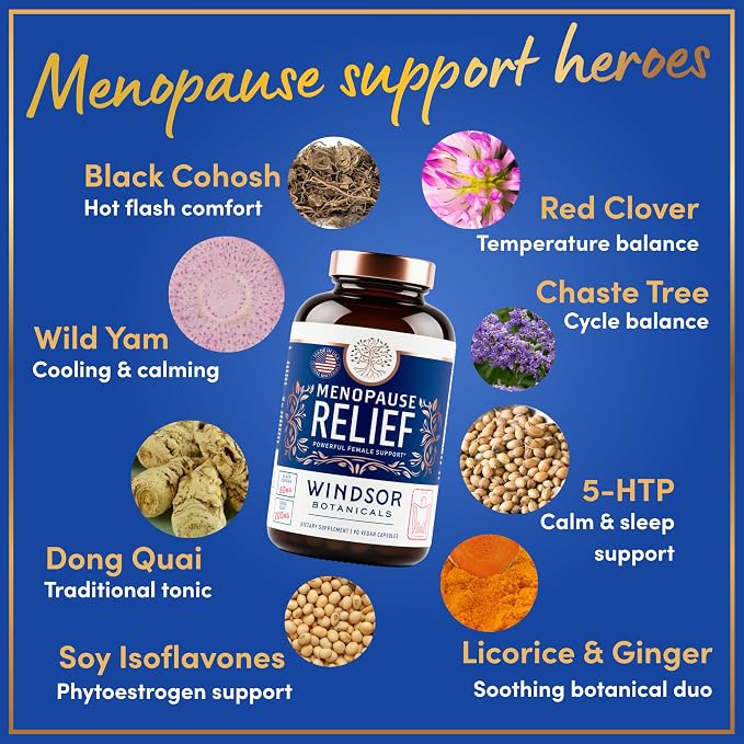 Menopause Supplements for Women - 5-HTP, Dong Quai, Black Cohosh for Menopause Hot Flashes, Night Sweats Relief Support - Womens Pre Meno Premenopausal Perimenopause Supplement - 90 Caps