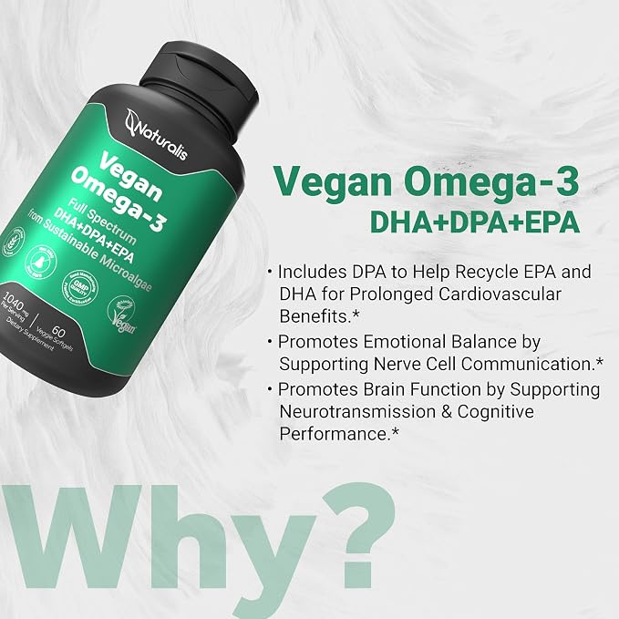 Naturalis Vegan Omega 3 DHA, EPA & DPA from Algae | Vegan Society Certified, Sustainably Sourced, True Full Spectrum | 60 Veggie Softgels (Carrageenan Free)