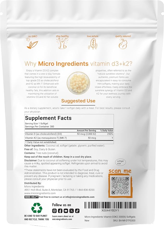 Micro Ingredients Vitamin D3 2,000 IU + K2 MK-7 50 mcg, 300 Softgels | Virgin Coconut Oil | 2-in-1 Support | Easy to Swallow, Non-GMO