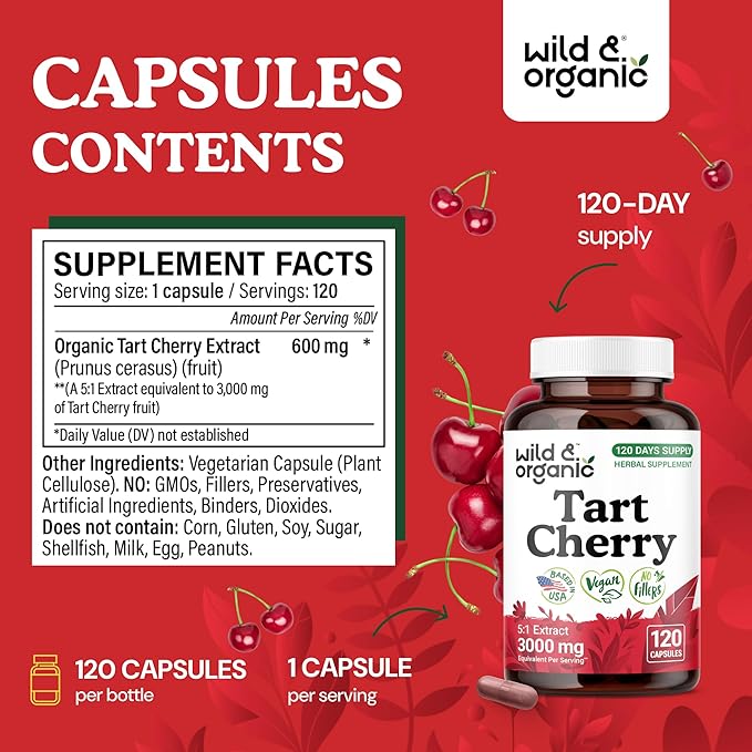 Wild & Organic Tart Cherry Capsules 600 mg - Uric Acid Support - Tart Cherry Powder Supplement - Prunus Cerasus Fruit Extract - 120 Days of Supply - Vegan, No Fillers, Non-GMO - 120 Count