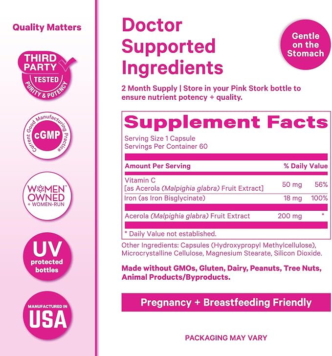Pink Stork Iron for Women, 18 mg Non-Constipating Iron Bisglycinate + Vitamin C for Optimal Absorption, Energy, Focus & Oxygen Support, PMS, Pregnancy, Postpartum & Perimenopause, 60 Capsules