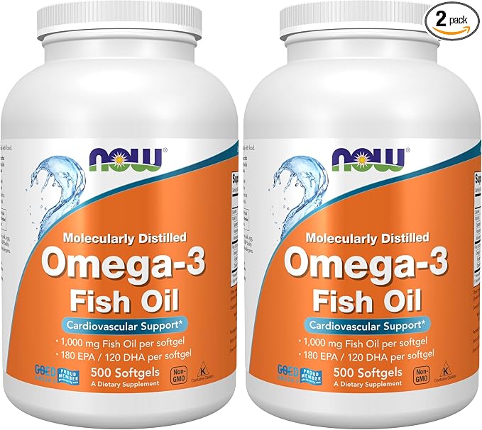 NOW Foods Supplements, Omega-3 180 EPA / 120 DHA, Molecularly Distilled, Cardiovascular Support*, 500 Softgels, (Pack of 2)