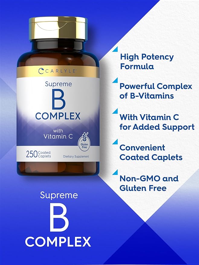 Carlyle Vitamin B Complex for Women and Men | 250 Caplets | with Vitamin C | Vegetarian, Non-GMO, and Gluten Free Supplement