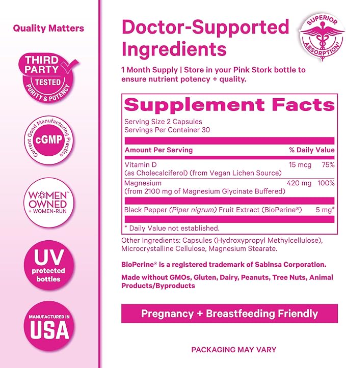 Pink Stork Magnesium Glycinate with Vitamin D - Magnesium Supplement for Women to Support Natural Calm - 2 Pack