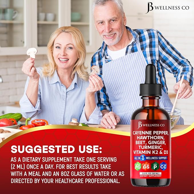 Cayenne Pepper Supplement Liquid Drops + Hawthorn Berry, Vitamin D3 K2 Beet Root Powder, Ceylon Cinnamon, Turmeric Curcumin, Organic Panax Ginseng - 2oz