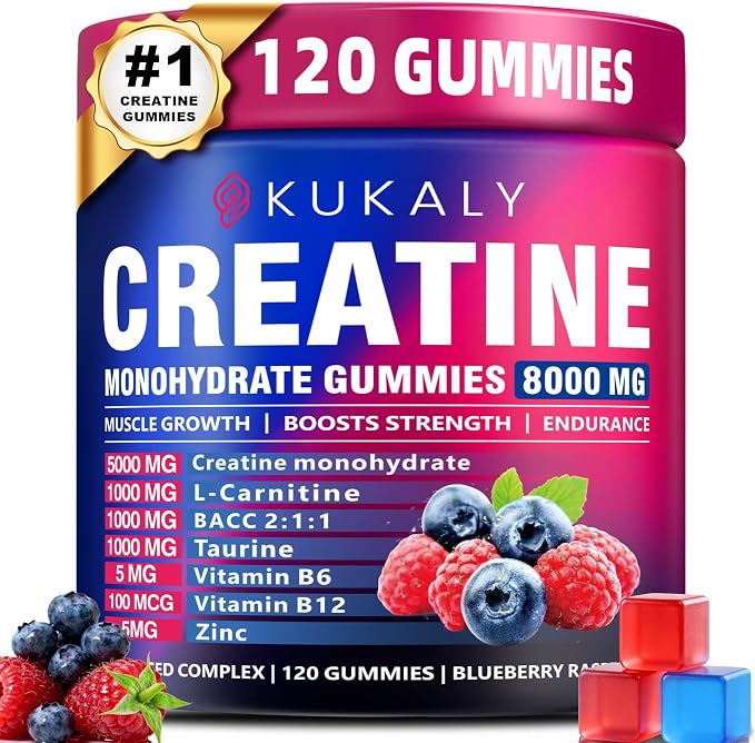 Creatine Monohydrate Gummies for Men & Women, Gummies Sugar Free Mixed Flavored with L-Taurine, BCAA 2:1, B12 B6 for Boost Strength, Focus & Endurance, Vegan, Non-GMO, 120pcs