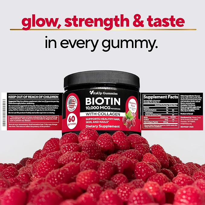 VitaUp Biotin Gummies 10000mcg for Women and Men - Extra Strength Hair, Skin and Nails Gummies with Collagen - Natural Biotin Gummy Supplement for Hair, Skin, Nails Support - 60 ct