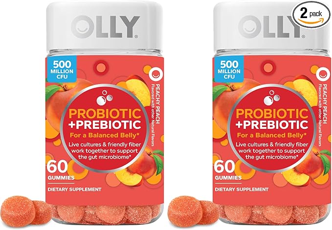 OLLY Probiotic + Prebiotic Gummy,Digestive Support and Gut Health,500 Million CFUs,Fiber,Adult Chewable Supplement for Men and Women,Peach,60 Day Supply -,60 Count (Pack of 2)