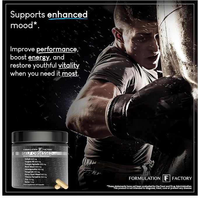 Formulation Factory Self Obsessed Masculine Vitality & Testosterone Support - 10-in-1 Complex with Shilajit, Tongkat Ali, & Fadogia Agrestis - 60 Capsules, 1 Month Supply