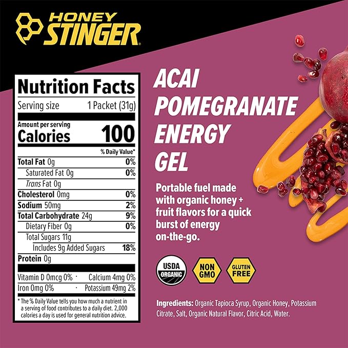 Honey Stinger Organic Acai Pomegranate Energy Gel, Gluten Free & Caffeine Free, for Exercise, Running and Performance, Sports Nutrition for Home & Gym, Pre and Mid Workout, 24 Pack, 26.4 Ounce | sports-nutrition-endurance-and-energy-chews