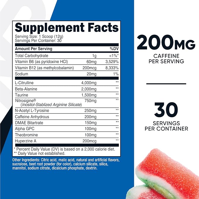 Nutricost Pre-Workout Powder (Watermelon Candy) 30 Servings - GMO-Free, Gluten-Free, Vegetarian