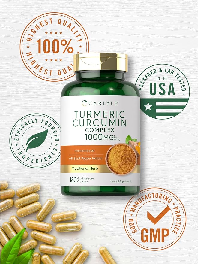 Carlyle Turmeric Curcumin with Black Pepper | 180 Capsules | Turmeric Complex Supplement | Non-GMO, Gluten Free