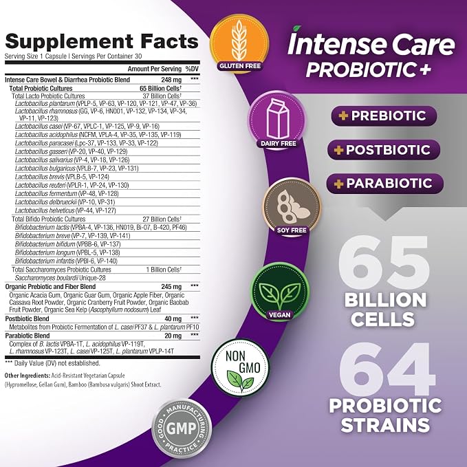 Vital Planet - Intense Care Bowel and Diarrhea Probiotic Supplement with Organic Prebiotics, Postbiotics, and Parabiotics, Lactobacillus Rhamnosus and Saccharomyces, 65 Billion CFU, 64 Strains, 30 Ct