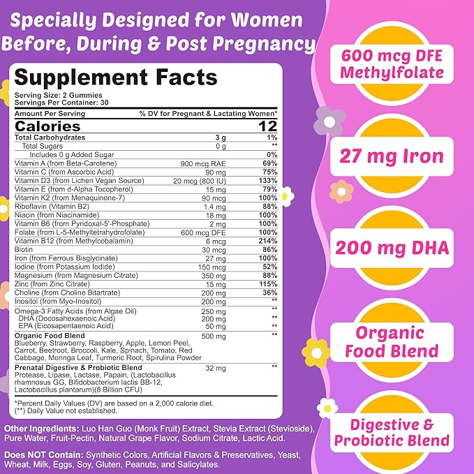 Prenatal Vitamins for Women with Methylfolate, Vegan Omega-3 DHA, Organic Food Blend, Probiotics, Iron, Vitamin D3 B6 B12, Choline, Sugar Free Multivitamin for Women During & Post Pregnancy, 120 Cts