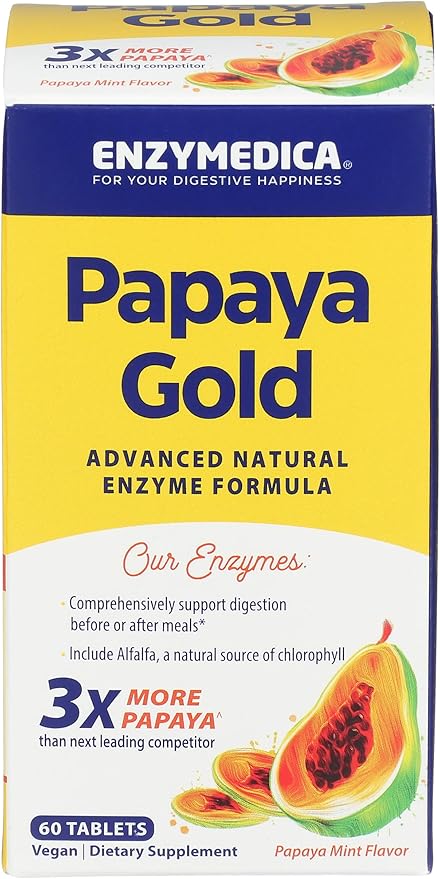 Enzymedica Papaya Gold, Advanced Digestive Enzymes with Natural Organic Papaya & Chlorophyll for Comprehensive Digestion Support, High Potency Bromelain & Papain, Vegan, Mint, 60 Chewable Tablets