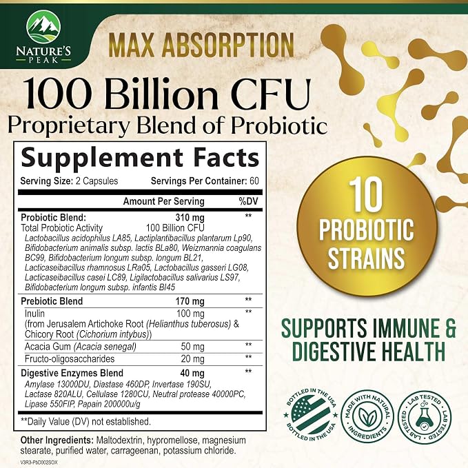 Probiotics 100 Billion CFU Per Serving - 16 Premium Probiotic Strains Prebiotics - Immune Support, Gut Health, Occasional Constipation, Gas & Bloating, Probiotics Supplement, USA Bottled, 120 Capsules