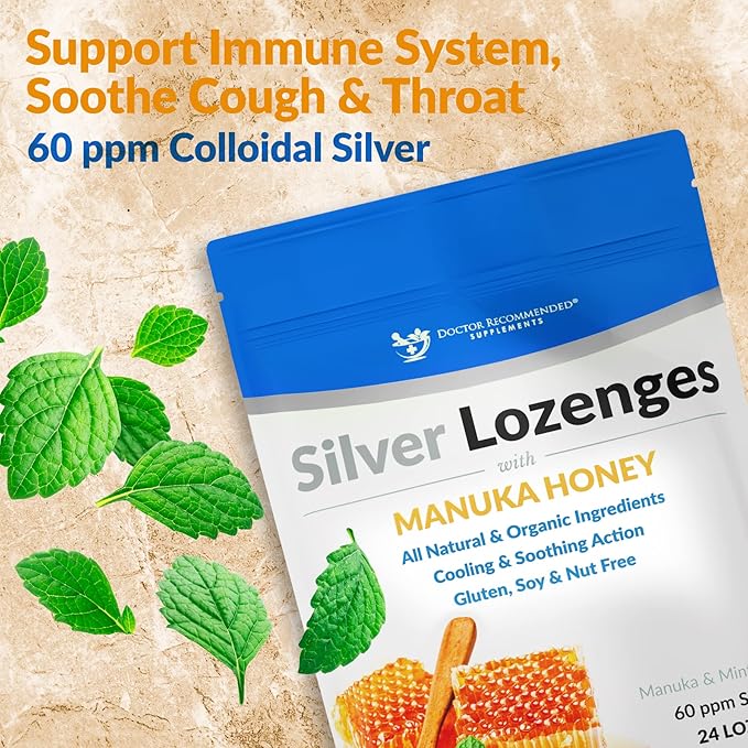 Silver Lozenges with Organic Manuka Honey and Vitamin C - All-Natural Nano Silver 45-50mcg of 60 PPM Colloidal Mineral Drops to Support Immune System, Soothe, Cool Cough & Throat, 96-Lozenges
