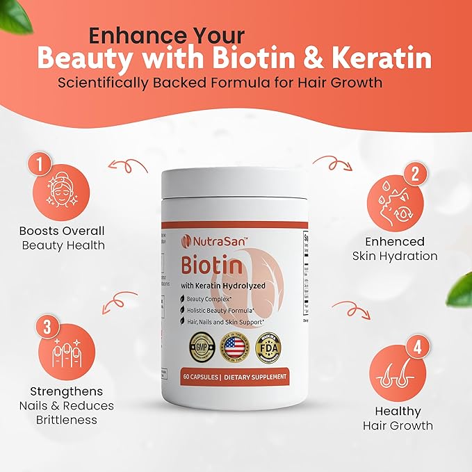 Biotin 20,000 mcg Supplement with Hydrolyzed Keratin & Hyaluronic Acid - Vitamins B7 for Women & Men- Supports Healthy Hair, Skin & Nails - Non-GMO, Gluten & Dairy Free - 60 Capsules