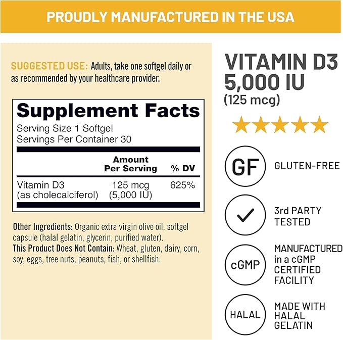 NatureWise Vitamin D3 5000iu (125 mcg) 30-Day Supply for Immune Support, Healthy Muscle Function, and Bone Health - Non-GMO, Gluten Free in Organic Extra Virgin Olive Oil, (Mini Softgel), 30 Count