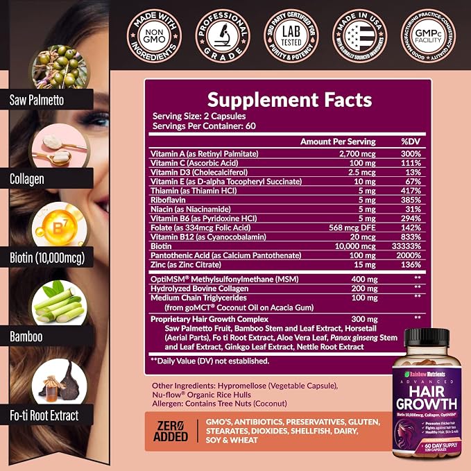 (2 Pack) Hair Growth Vitamins for Women | Biotin 10,000mcg, Collagen, Patented OptiMSM®, goMCT®, Saw Palmetto | Naturally Regrow Stronger & Healthier Hair, Skin and Nails | May Stop Hair Loss