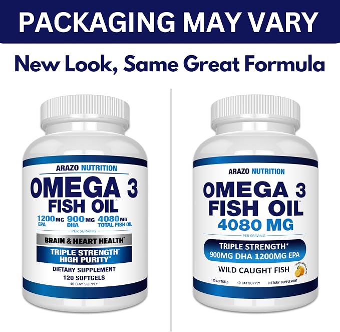 Arazo Nutrition Wild Caught Omega-3 Fish Oil Concentrate – 4,080mg per Serving – High EPA 1200mg & DHA 900mg – 120 Burpless Lemon Softgels