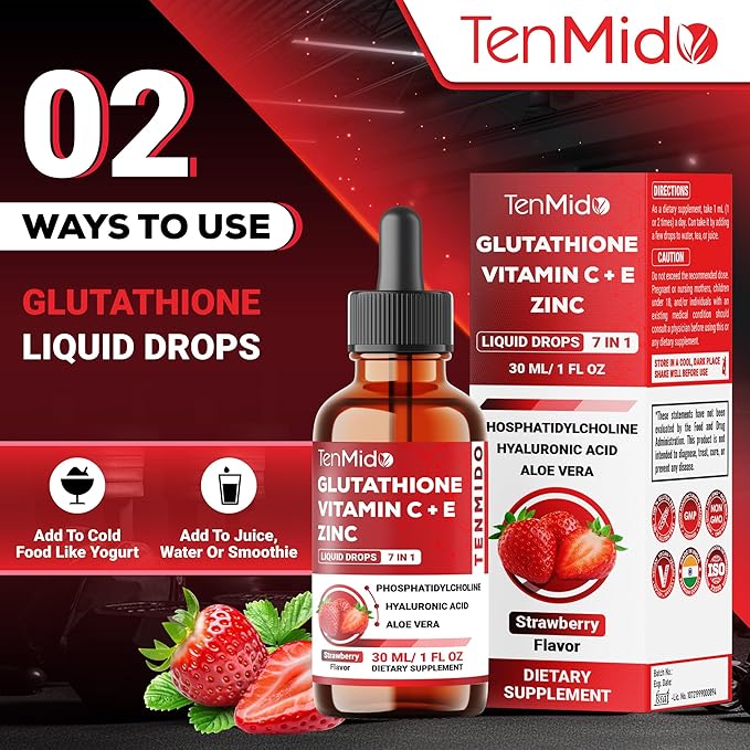 Liposomal Glutathione Supplement - 7in1 Liquid Drops with Zinc, Vitamin C, Vitamin E, Phosphatidylcholine, Hyaluronic Acid, and Aloe Vera - Vegan, Non-GMO - 30ml 1 Fl Oz