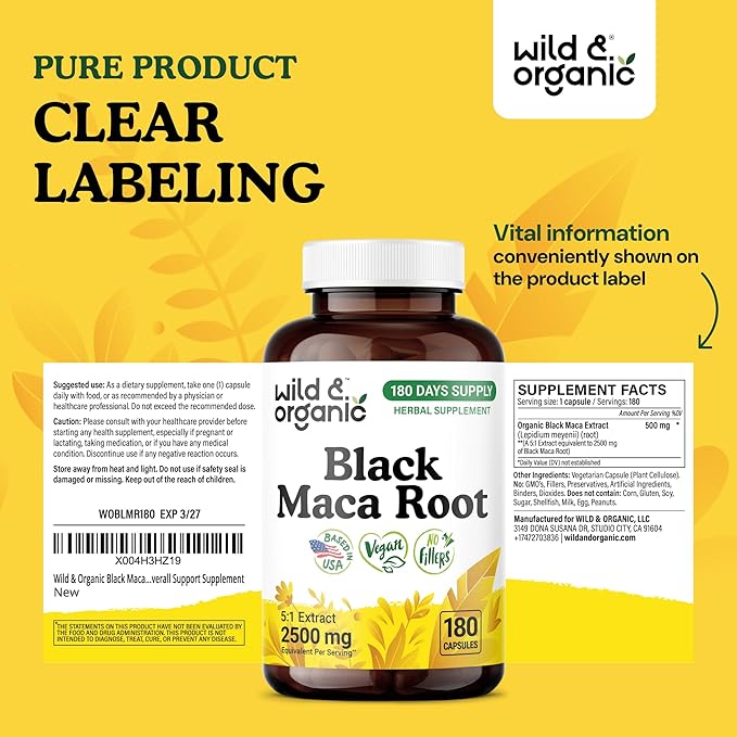 Wild & Organic Black Maca Root Capsules for Men & Women 500 mg - Overall Support for Men & Women - Vegan Maca Powder Supplement - 180 Days Supply - Non-GMO, No Fillers, Gluten-Free - 180 Count