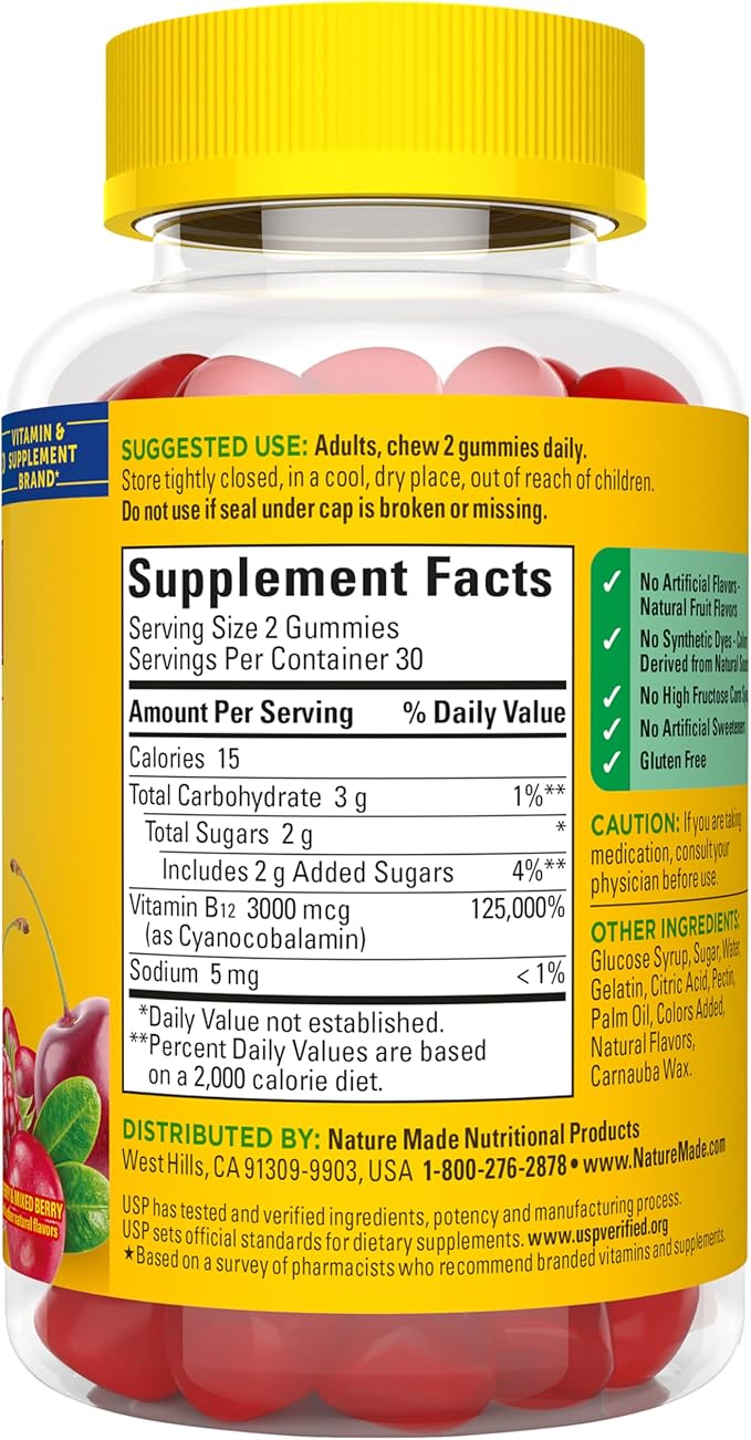 Nature Made Extra Strength Vitamin B12 Gummies 3000 mcg per serving, B12 Vitamins for Energy Metabolism Support, 60 Gummy Vitamins, 30 Day Supply