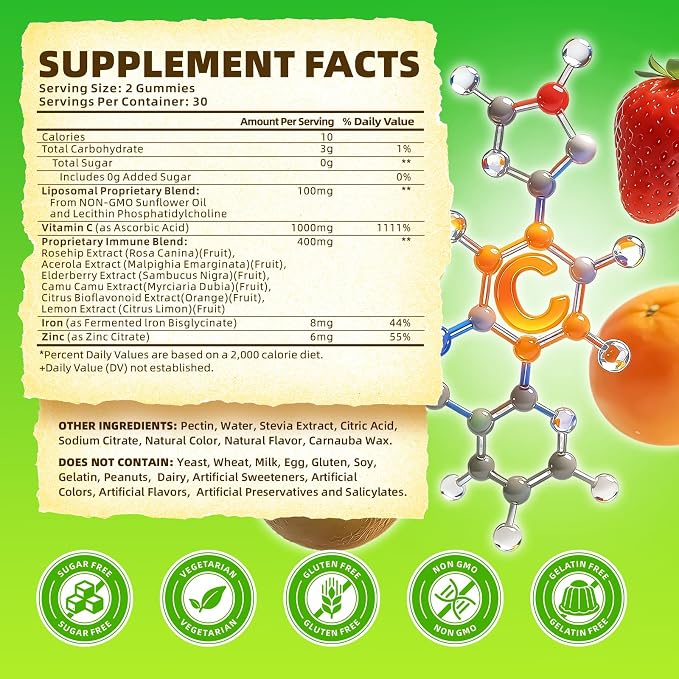 softbear Liposomal Vitamin C Gummies for Adults & Kids 1000mg, Chewable Vitamin C Supplement for Immune Support, Vegan/Organic/Sugar Free VIT C Gummies, Strawberry Flavor 60 Count