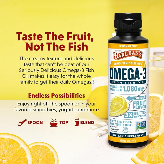 Barlean's Omega 3 Fish Oil Liquid Supplement for Men and Women, 1080mg of EPA and DHA Fatty Acid, Promotes Brain & Heart Health - Non-GMO, Lemon Crème, 8 oz