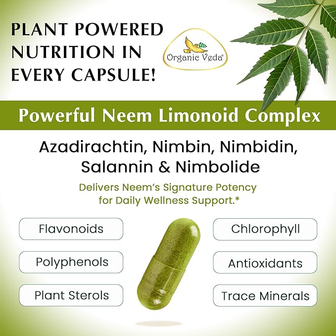 Organic Veda Neem Capsules – Herbal Supplement for Clear Skin, Immune & Gut Health For Men & Women - Single Origin True Green Neem Leaf Powder - Purifying & Cleansing Ayurveda Herb, 120 Vegan Capsules