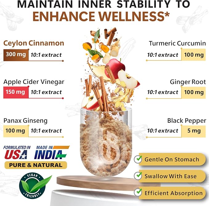 Herbpy 6in1 Premium Ceylon Cinnamon Supplement Plus Apple Cider Vinegar, Turmeric, Ginger, Ginseng - Weight Management, Digestion - 100 Vegan Capsules