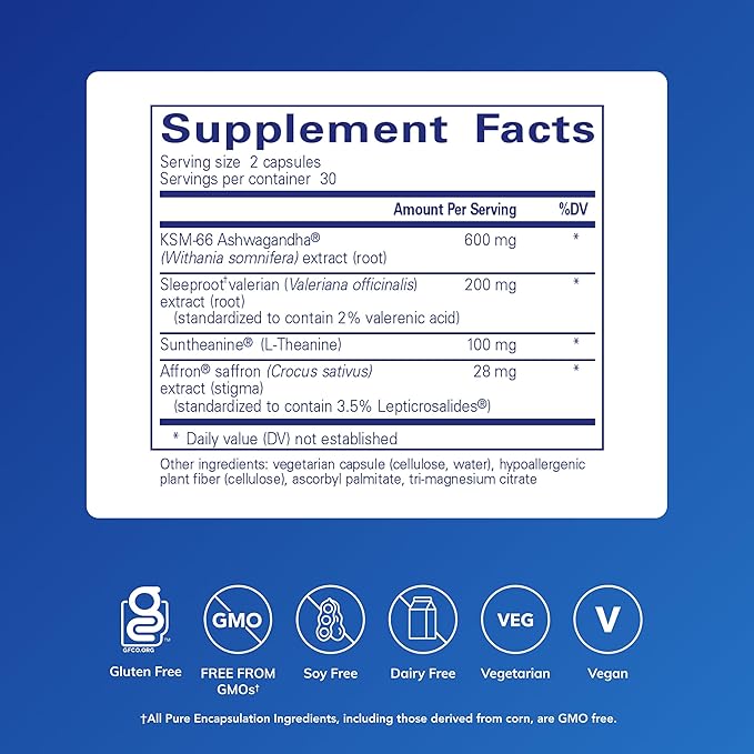 Pure Encapsulations Pure Sleep – Melatonin-Free Calming Sleep Supplement for Relaxation Support- Ashwagandha, Saffron & Valerian – Gluten-Free, Hypoallergenic, Non-GMO – 60 Count (30 Servings)