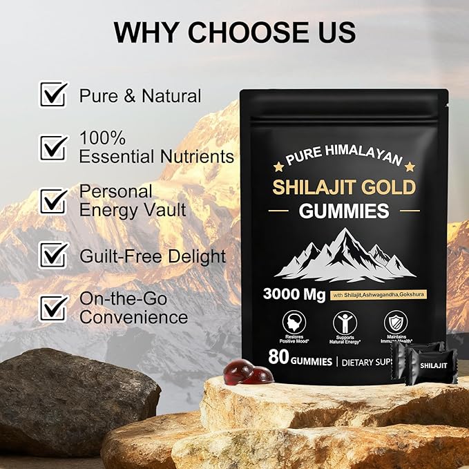 Shilajit Gummies | Shilajit Gold Gummies for Men & Women | Rich in Ashwagandha & Gokshura | Fulvic Acid & 85+ Trace Minerals | No Added Sugar | 100% Natural Organic, 80 Gummies