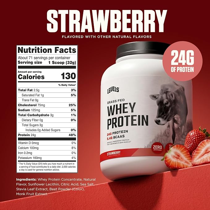 Levels Grass Fed Whey Protein Powder, No Artificials, 24G of Protein, Strawberry, 5LB | 24G of protein and 5.4G BCAAs per scoop, made with hormone-free dairy, zero junk, no fillers, no added sugar, certified clean