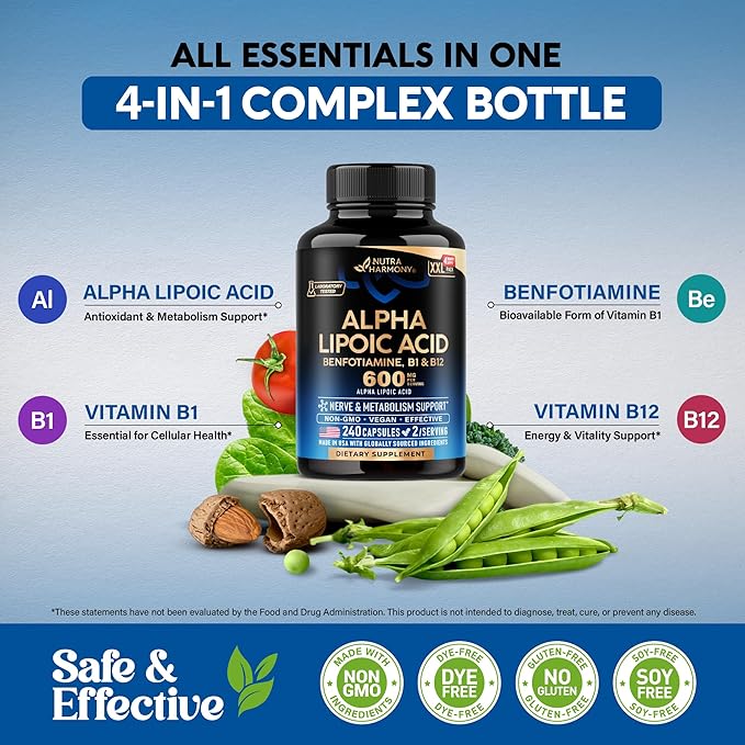 Alpha Lipoic Acid 600mg - ALA Supplement Antioxidant for Nerve, Energy & Metabolism Support - Extra Strength with Benfotiamine, B1 & B12 - Lab Tested, NON-GMO & Vegan - 240 Capsules, 4 Month Supply