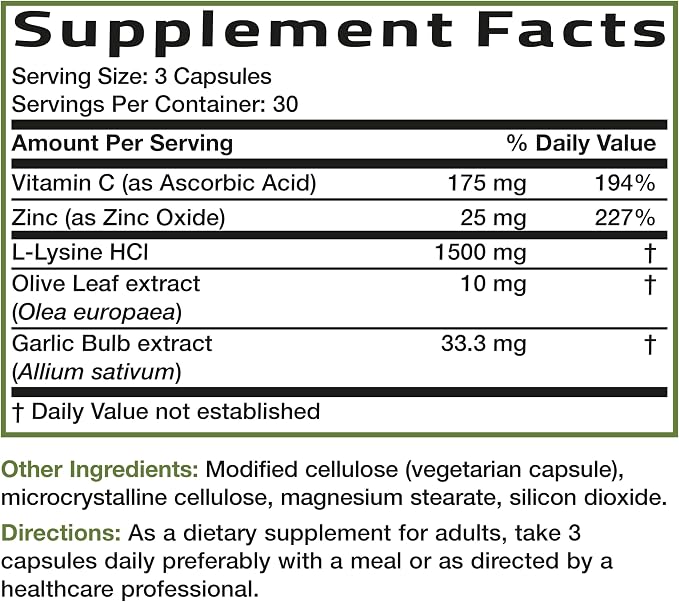 Bronson L-Lysine Defense Immune Support Complex 1500 MG L-Lysine Plus Olive Leaf, Garlic, Vitamin C and Zinc - Non-GMO, 90 Vegetarian Capsules