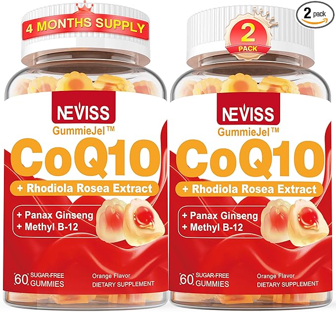 Ultra Absorption CoQ10 Gummies 200mg/400mg, w/ Methyl B12 1000mcg, B6, Rhodiola Rosea & Panax Ginseng, Sugar Free CoQ10 Supplement for Energy Boost, Hear-t Health, Antioxidant & Brain Support, 2 Pack