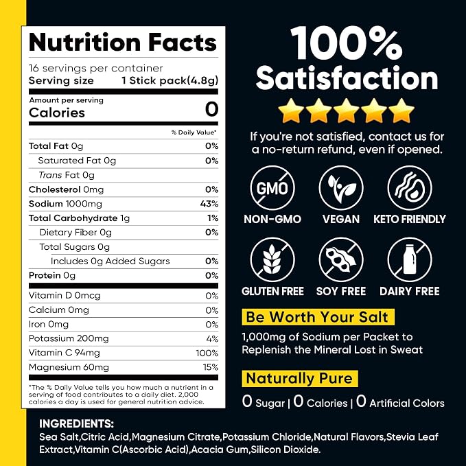 Venture Pal High Sodium Sugar Free Electrolytes Powder Packet, Zero Calories Hydration Packets with Vitamin, Sodium, Potassium & Magnesium, Electrolyte Drink Mix, Vegan, Keto Friendly, 30 Count