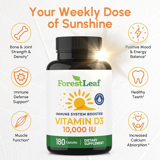 ForestLeaf Vitamin D3 10,000 IU | VIT D - VIT D3 Vitamin D Supplements for Women and Men | Bone Health, Teeth and Immune Support | Easy to Swallow Pills | High Potency Daily, 6-Month Supply, 180 Caps