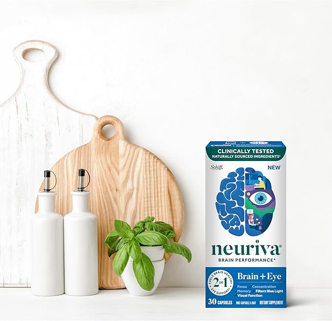 NEURIVA Brain + Eye Supplement for Memory, Focus & Concentration with Lutein & Vitamins A C E and Zinc for Eye Health & Zeaxanthin to Filter Blue Light, 30ct Capsules, (Pack of 2)